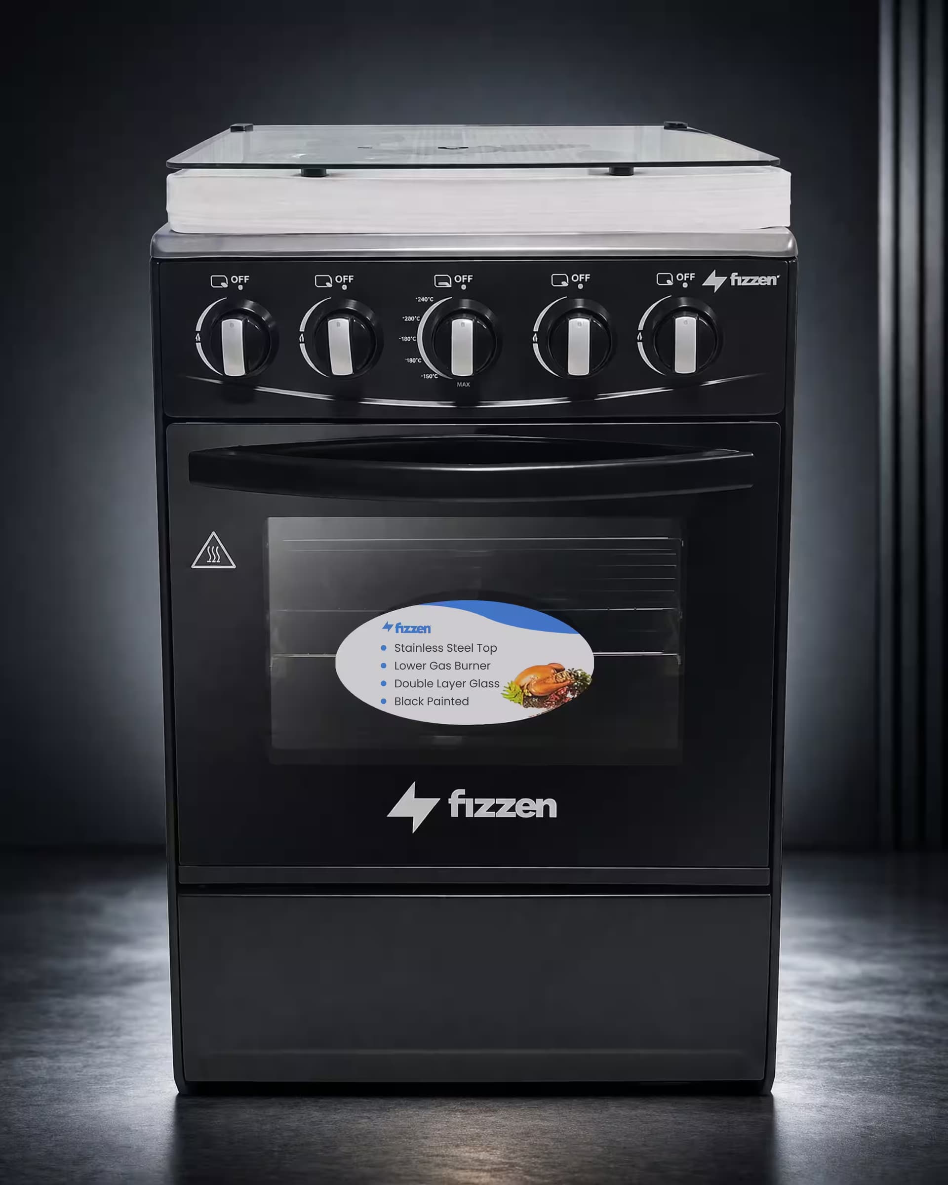 Fogão Fizzen 50*50 Manual com 4 Queimadores a Gás + Queimador Simples Inferior - Preto